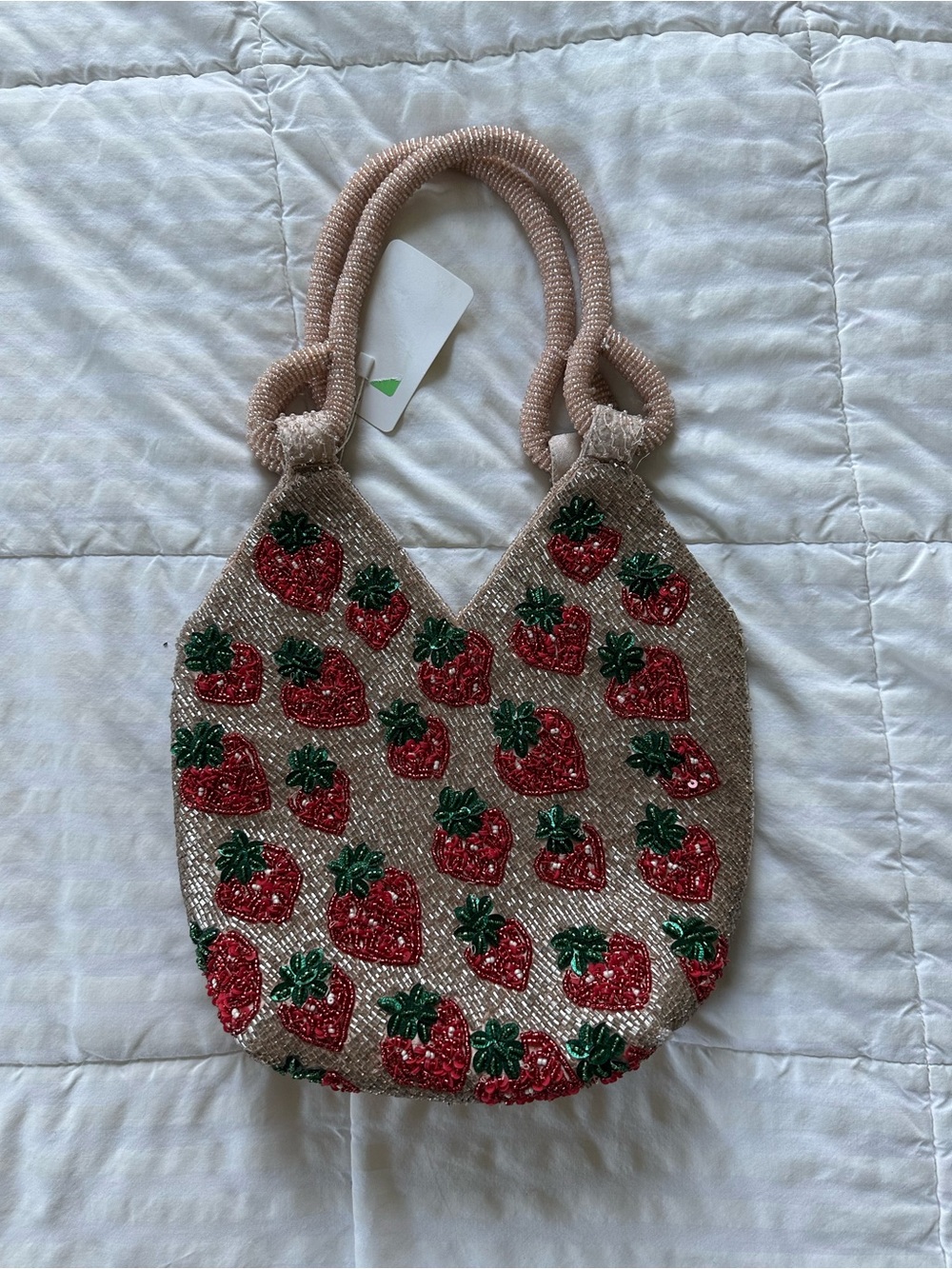 Beaded Strawberry Tote Bag in Beige
